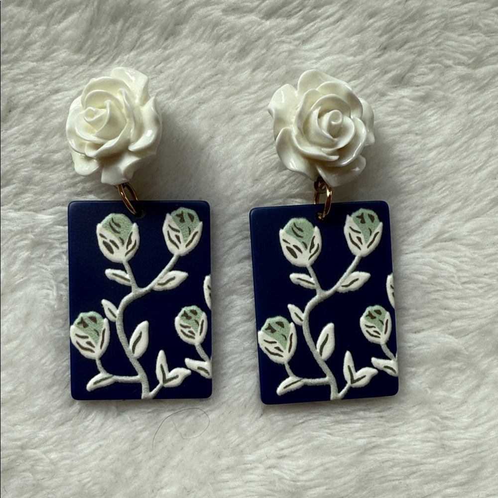 Floral Blue and White Earrings